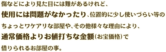 傷などにより見た目には難があるけれど、使用には問題がなかったり、位置的に少し使いづらい等のちょっとワケアリな部屋や、その他様々な理由により、通常価格よりお値打ちな金額（お宝価格）で借りられるお部屋の事。